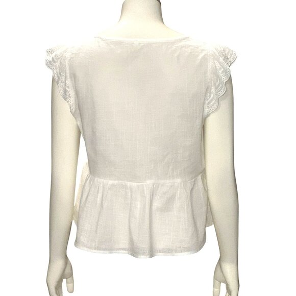 CCC White Cotton V Neck Peplum Crop Top Lace Cap Sleeves Size Medium Boho Chic - Picture 3 of 8